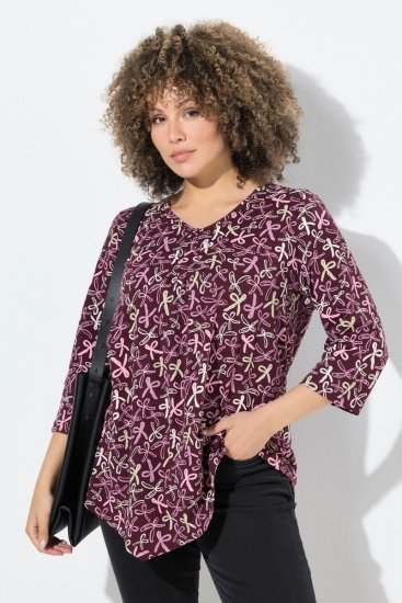 Ulla Popken Ribbon Print 3/4 Sleeve Asymmetric Tee Plum - Bedrukte T-shirts voor dames - Dames-T-shirts met print