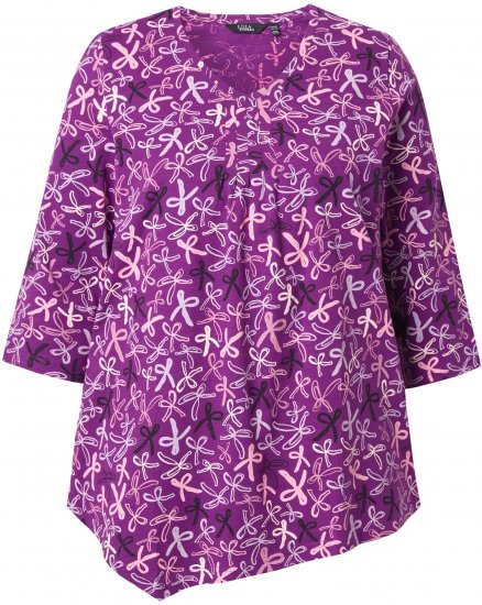 Ulla Popken Ribbon Print 3/4 Sleeve Asymmetric Tee Light Plum - Bedrukte T-shirts voor dames - 