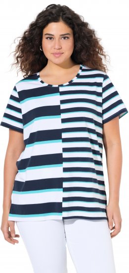 Ulla Popken Mix Stripe Short Sleeve Tee Deep Aqua - Bedrukte T-shirts voor dames - 