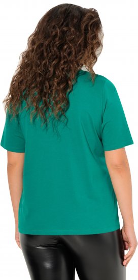 Ulla Popken Embroidered Face Motif Short Sleeve V-Neck Tee Emerald Green - Bedrukte T-shirts voor dames - 