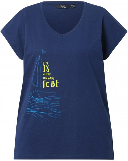 Ulla Popken Half-Sleeve A-line V-Neck Boat Pattern T-Shirt Ink Blue - Bedrukte T-shirts voor dames - 