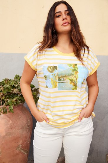 Ulla Popken Striped Short Sleeve Citrus Graphic Tee Sun Yellow - Bedrukte T-shirts voor dames - 