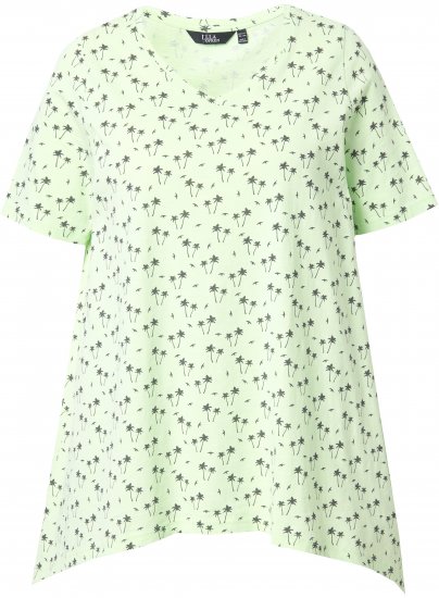 Ulla Popken Palm Tree Print Pointed Hem Tee Lett Lime - Bedrukte T-shirts voor dames - 
