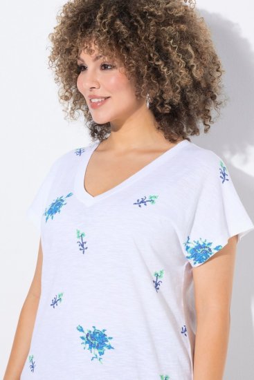 Ulla Popken Cross Stitch Short Sleeve Tee Snow White - Bedrukte T-shirts voor dames - Dames-T-shirts met print