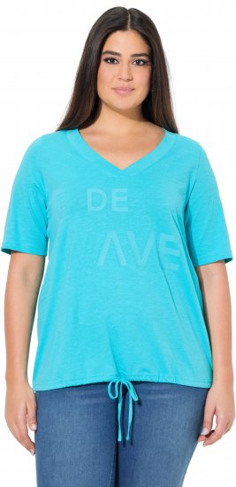 Ulla Popken Ride The Wave Short Sleeve V-Neck Graphic Tee Deep Aqua - Bedrukte T-shirts voor dames - 