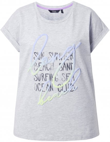 Ulla Popken Long Beach Lettering Cap Sleeve Tee Light Grey Melange - Bedrukte T-shirts voor dames - 