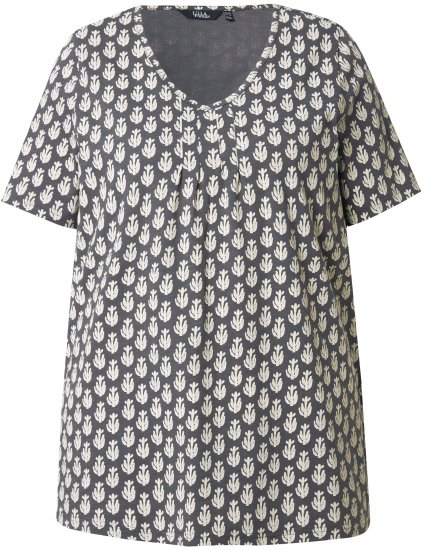 Ulla Popken Cactus Print Short Sleeve V-Neck Tee Graphite Grey - Bedrukte T-shirts voor dames - 