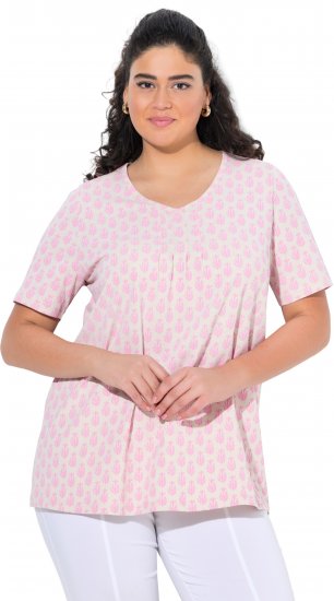 Ulla Popken Cactus Print Short Sleeve V-Neck Tee Pink - Bedrukte T-shirts voor dames - 