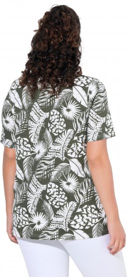 Ulla Popken Feather Print Short Sleeve V-Neck Tee Olive Grey - Bedrukte T-shirts voor dames - 