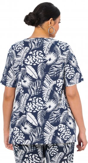 Ulla Popken Feather Print Short Sleeve V-Neck Tee Ink Blue - Bedrukte T-shirts voor dames - 