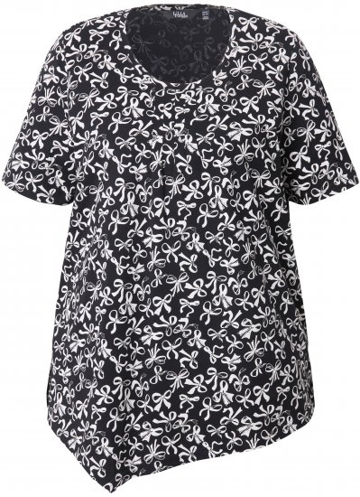 Ulla Popken Bow Print Short Sleeve Pointed Hem Tee Black - Bedrukte T-shirts voor dames - 