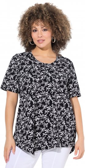 Ulla Popken Bow Print Short Sleeve Pointed Hem Tee Black - Bedrukte T-shirts voor dames - 