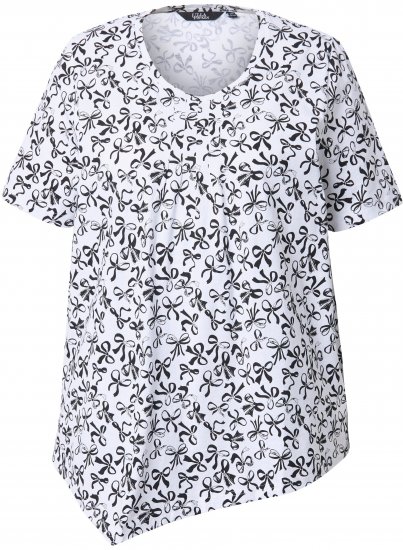 Ulla Popken Bow Print Short Sleeve Pointed Hem Tee Snow White - Bedrukte T-shirts voor dames - 