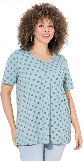 Ulla Popken Tile Print Short Sleeve Pleated Tee Light Moss Green - Bedrukte T-shirts voor dames - 