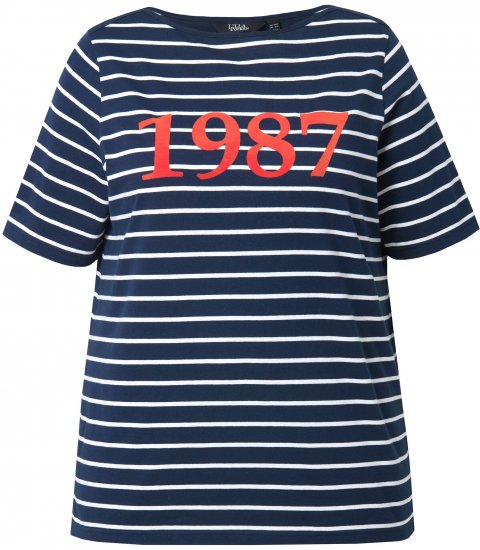Ulla Popken Striped 1987 Boat Neck Tee Navy Blue - Bedrukte T-shirts voor dames - 