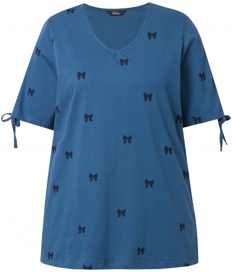Ulla Popken Bow Print Split Sleeve Tee Indigo Denim - Bedrukte T-shirts voor dames - 