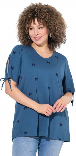 Ulla Popken Bow Print Split Sleeve Tee Indigo Denim - Bedrukte T-shirts voor dames - 
