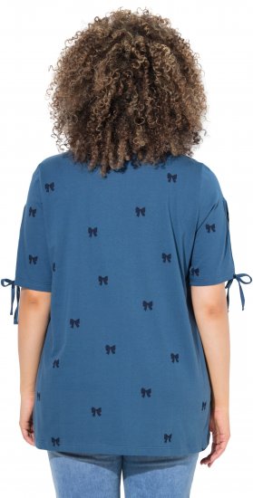 Ulla Popken Bow Print Split Sleeve Tee Indigo Denim - Bedrukte T-shirts voor dames - 