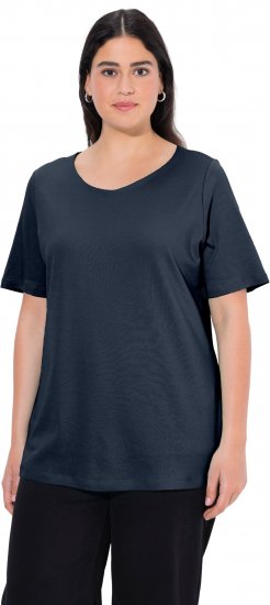 Ulla Popken Double Layer Rounded V-Neck Slim Fit Tee Navy Blue - T-shirts - 