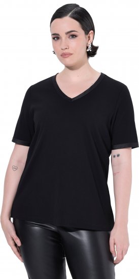 Ulla Popken Satin Trimmed Ribbed Jersey Short Sleeve T-Shirt Black - T-shirts - 