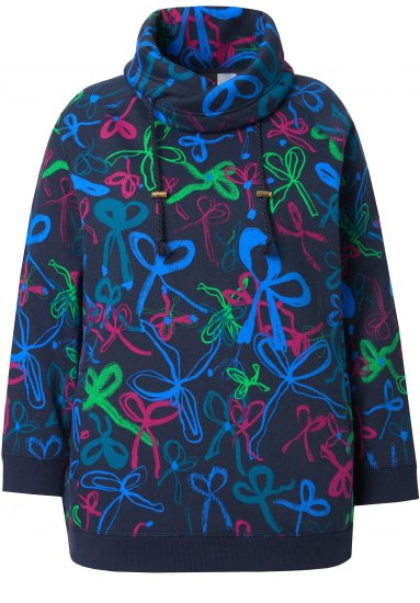 Ulla Popken Ribbon Print Turtleneck Sweatshirt Navy - T-shirts - 