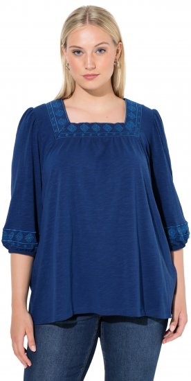 Ulla Popken Embroidered Detail 3/4 Sleeve Tee Dark Blue - Bedrukte T-shirts voor dames - 