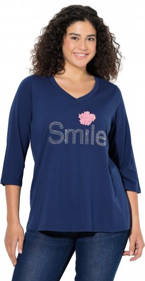 Ulla Popken Smile Rhinestone 3/4 Sleeve Graphic Tee Ink Blue - Bedrukte T-shirts voor dames - 