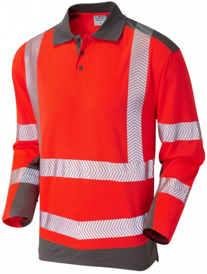 Leo Wringcliff Coolviz Plus L/S Polo Hi-Vis Red/Grey - Werkkleding - Werkkleding Grote Maten Heren