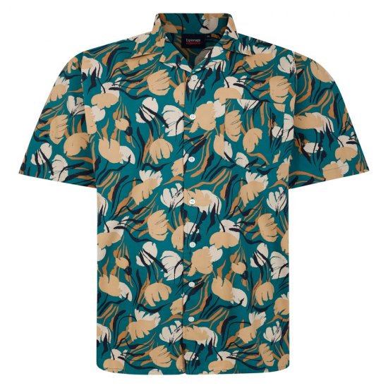 Espionage SH433 overhemd korte mouw met abstracte bloemenprint groen/taupe - Hemden - Overhemden Grote Maten Heren