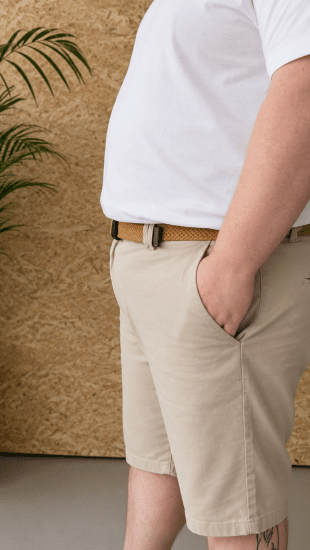 Kam Jeans 3402 Belted Dobby Weave Stretch Chino Shorts Beige - Shorts - Grote Maten Korte Broeken Heren